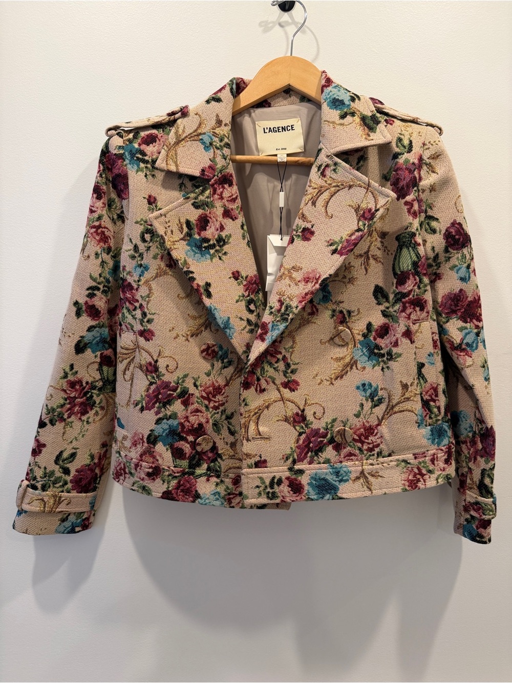 L'AGENCE Beige Floral Textured Cropped Blazer